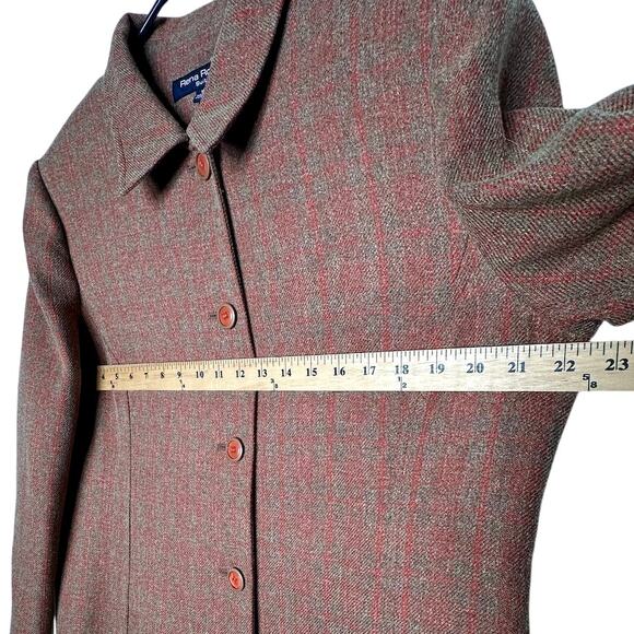 Vintage 90s Rena Rowan 16 Tweed Plaid Coat Button Front Long Jacket Rust Red Tan - Picture 7 of 8